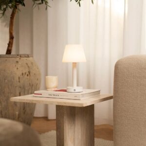 Zoni Tischlampe Weiß - wiederaufladbare Tischlampe aus Holz mit dimmbaren Lichtmodi
