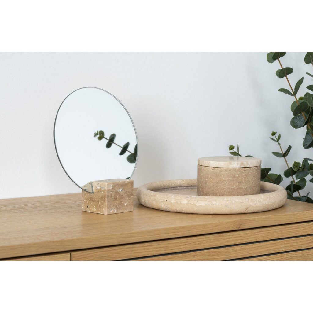 Elina Dekoschale Beige aus Travertin und Holz, 25,5 cm Durchmesser