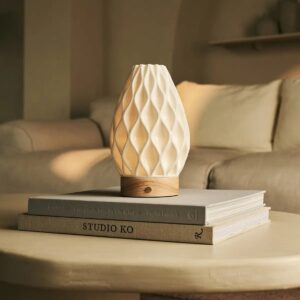 Vela Tischlampe Hellbraun - kabellose, dimmbare Lampe aus Holz und Porzellan