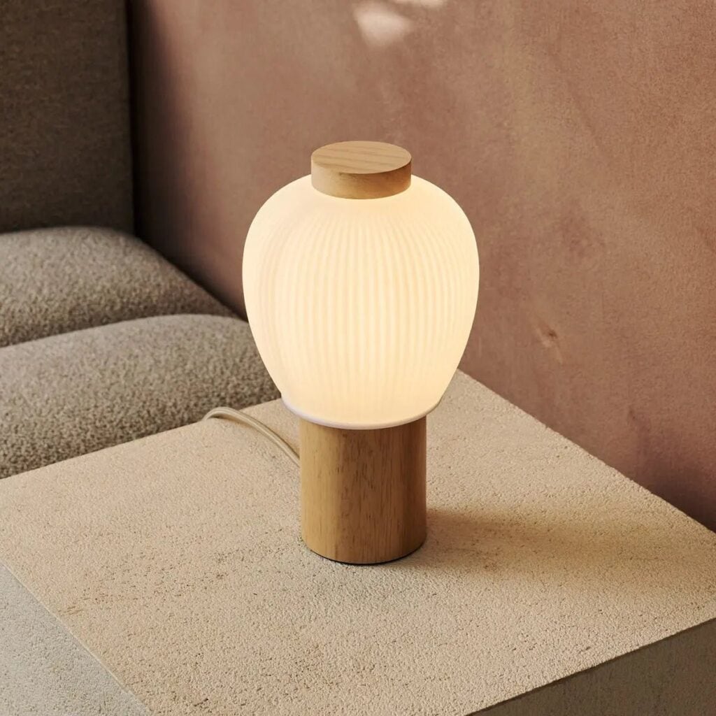 Lotus Tischlampe Hellbraune - Gummibaumholz und Milchglas