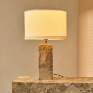 Rosie Tischlampe Weiß - elegante Travertinlampe mit Baumwollschirm